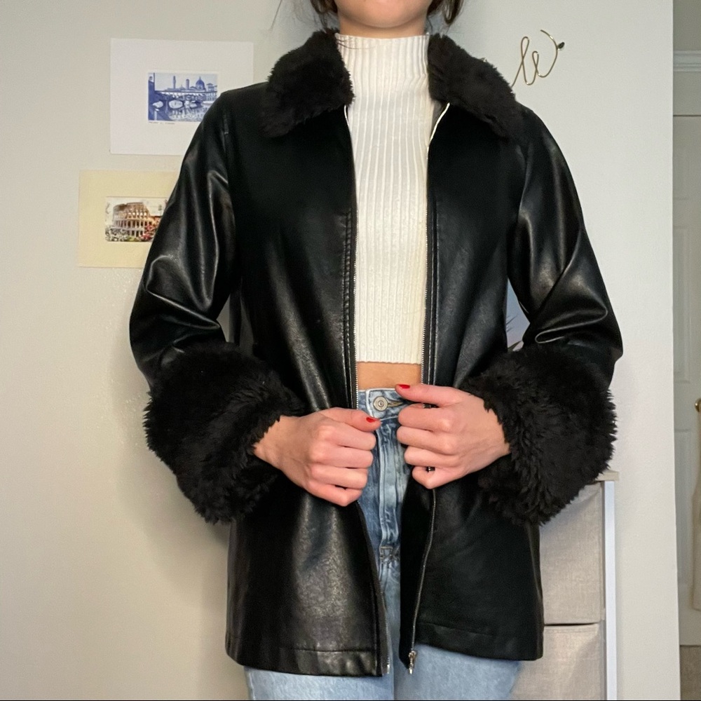 SheIn Leather Jacket with Fur Collar - Size Small